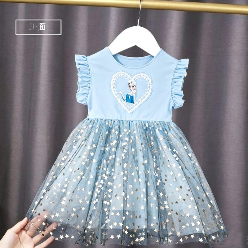 Wholesale Korean Style Girls Princess Dress 2026 Spring Summer Short Sleeve Pink Star Tulle Party Dress Polyester Kids 3 8 Years Boutique Resale OLY Exclusive