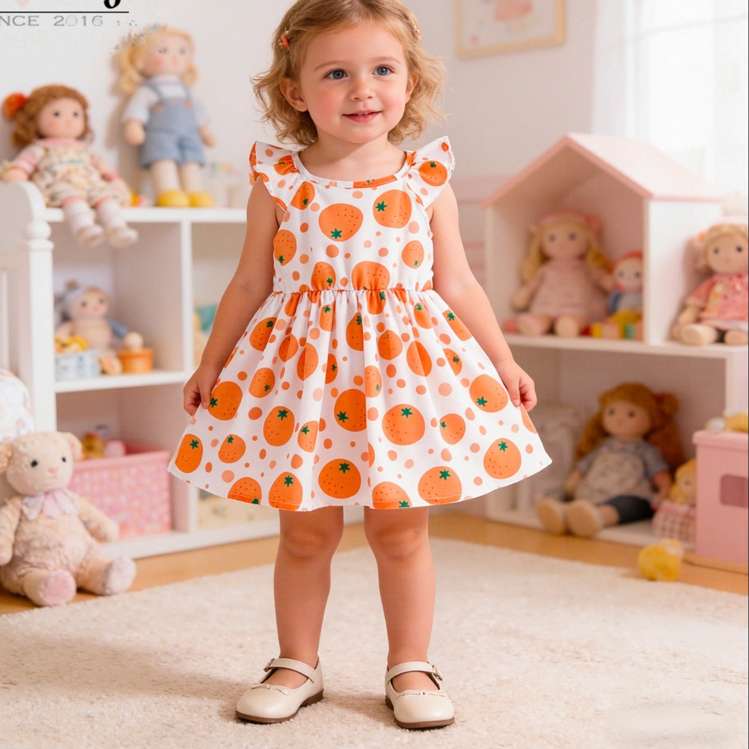 Wholesale Trendy Baby Girl Orange Fruit Print Summer Dress For Toddlers Polyester Party And Everyday Wear