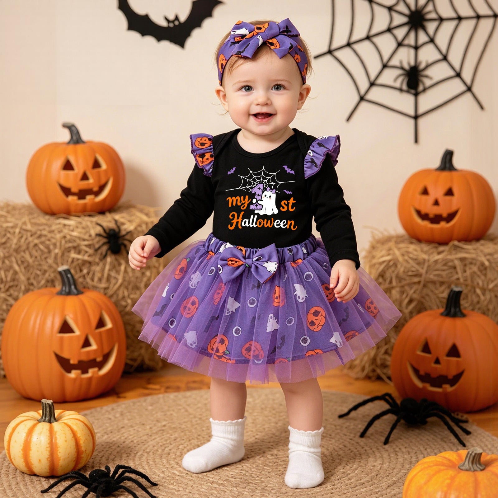 Wholesale Cute  Baby Girl Outfit Set Long Sleeve Ghost Pumpkin Skirt And Socks