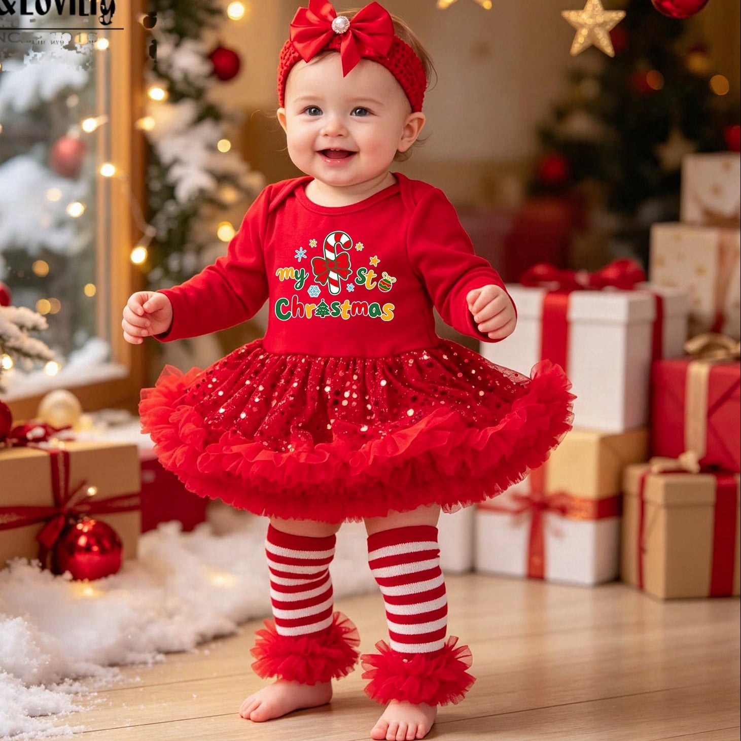 Wholesale Red Long Sleeve Sequin Tulle Baby Girl Christmas Dress Set With Hairband Leg Warmers Boutique Holiday Outfit