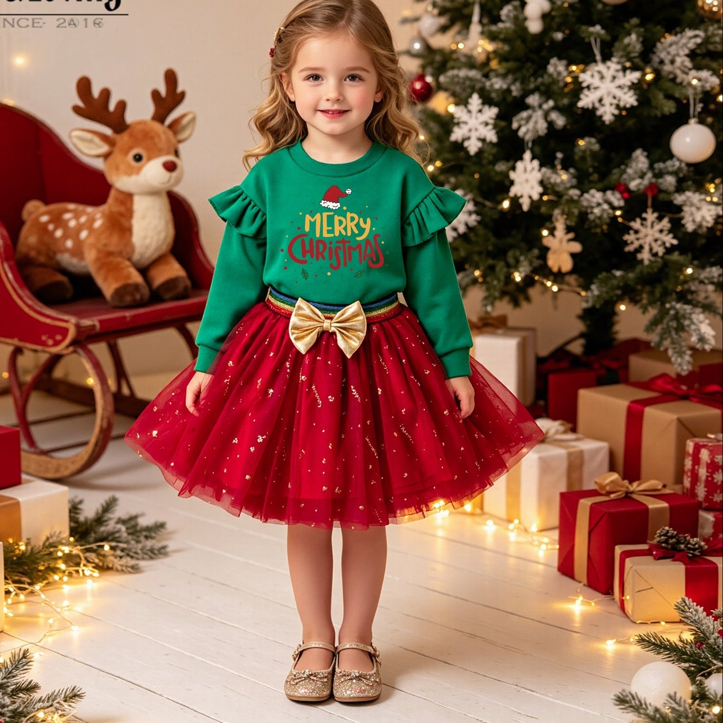 Wholesale Christmas Girls Two Piece Outfit Green Printed Long Sleeve Sweatshirt And Gold Glitter Tulle Skirt Boutique Gift For Resale