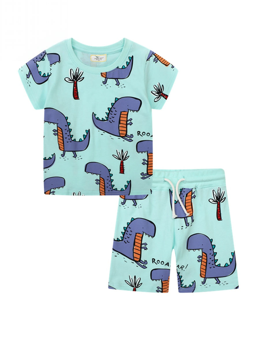 Wholesale Chic Boys Cartoon Dinosaur Short Sleeve T Shirt And Knit Pants Two Piece Summer Casual Outfit