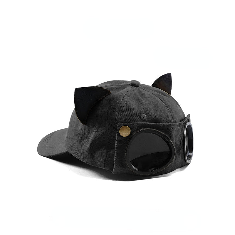 Venta al por mayor, gorra de béisbol con gafas de aviador con orejas de gato lindas de poliéster y algodón