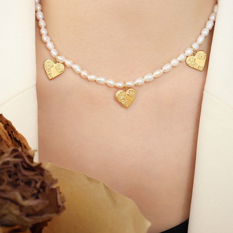 Wholesale Necklace Baroque Pearl Titanium Steel Heart Shape OLY-NE-FanT001