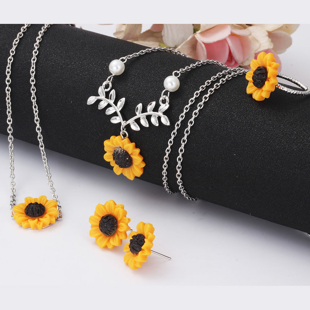 Wholesale Resin Sunflower Necklace Earrings Ring Bracelet Set of Four