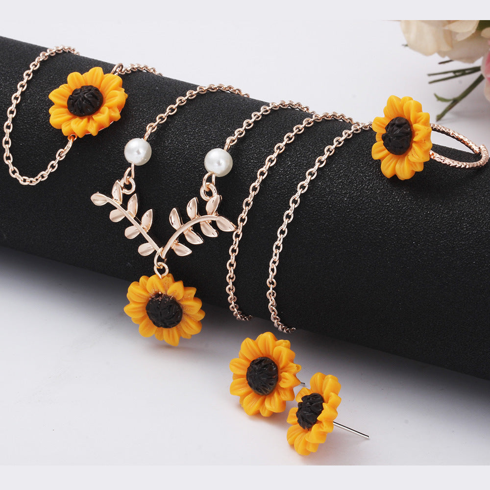Wholesale Resin Sunflower Necklace Earrings Ring Bracelet Set of Four