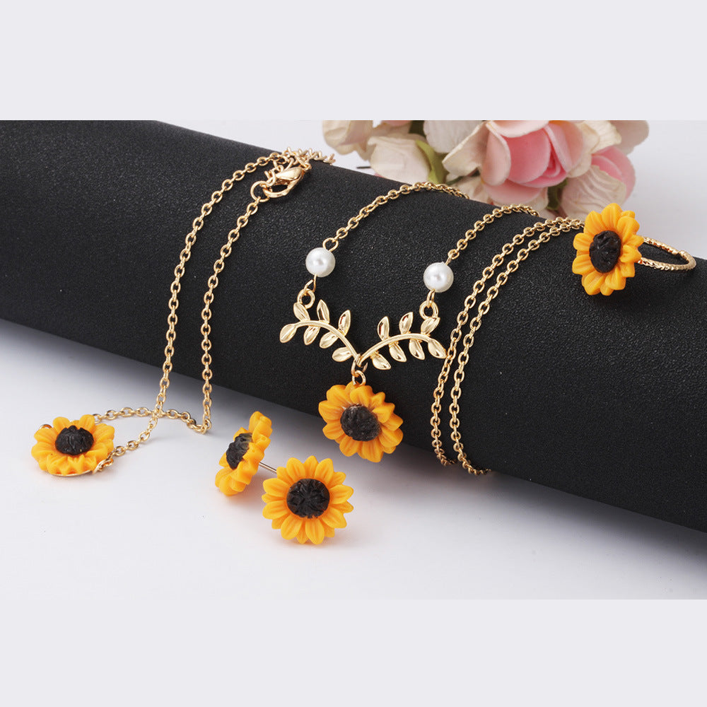 Wholesale Resin Sunflower Necklace Earrings Ring Bracelet Set of Four