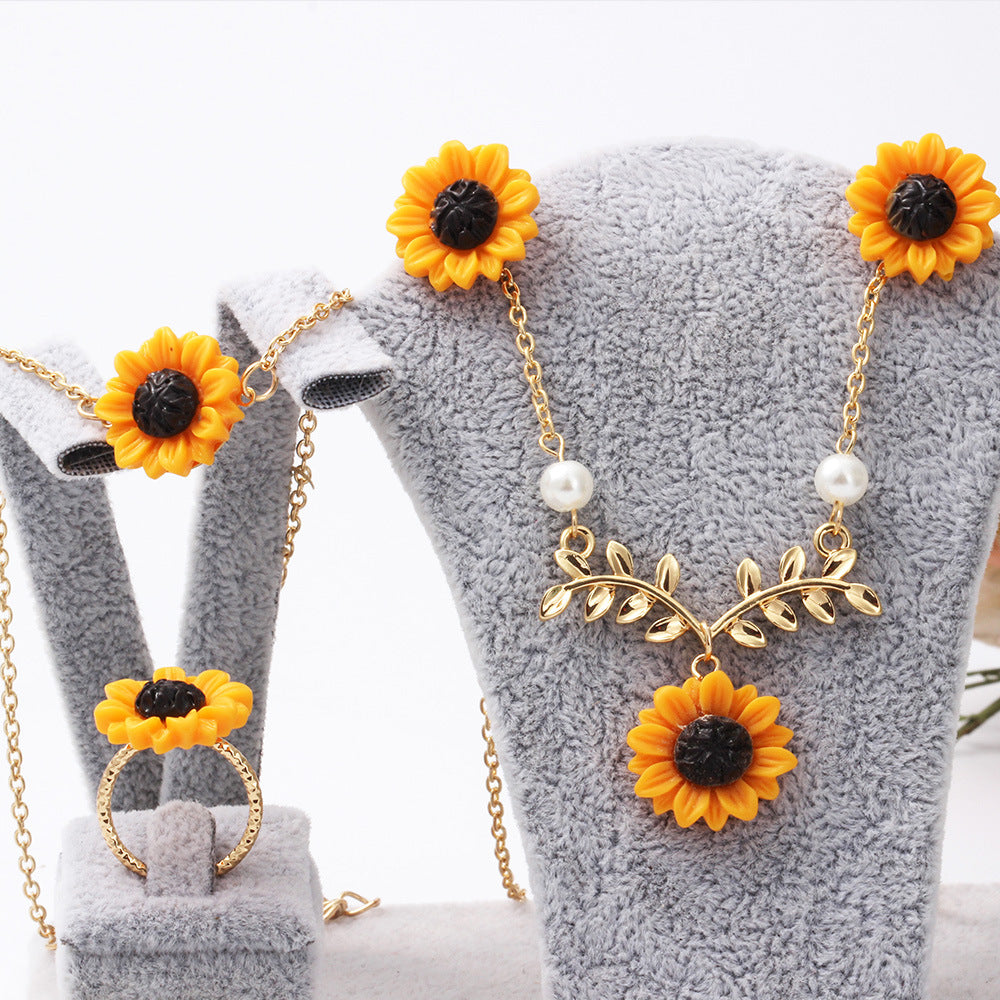 Wholesale Resin Sunflower Necklace Earrings Ring Bracelet Set of Four