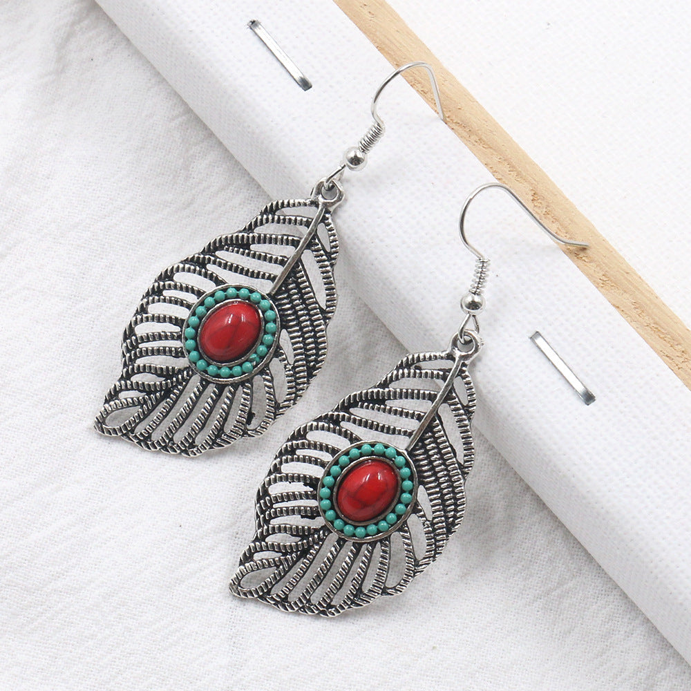 Wholesale Leaf Inlaid Ruby Alloy Earrings