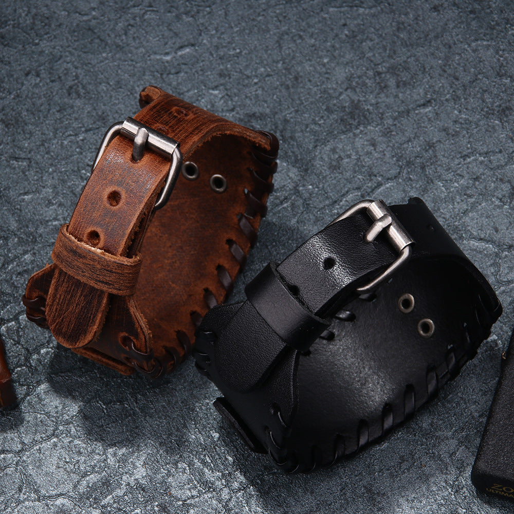 Wholesale Men's Wolf Head Wide Leather Bracelet