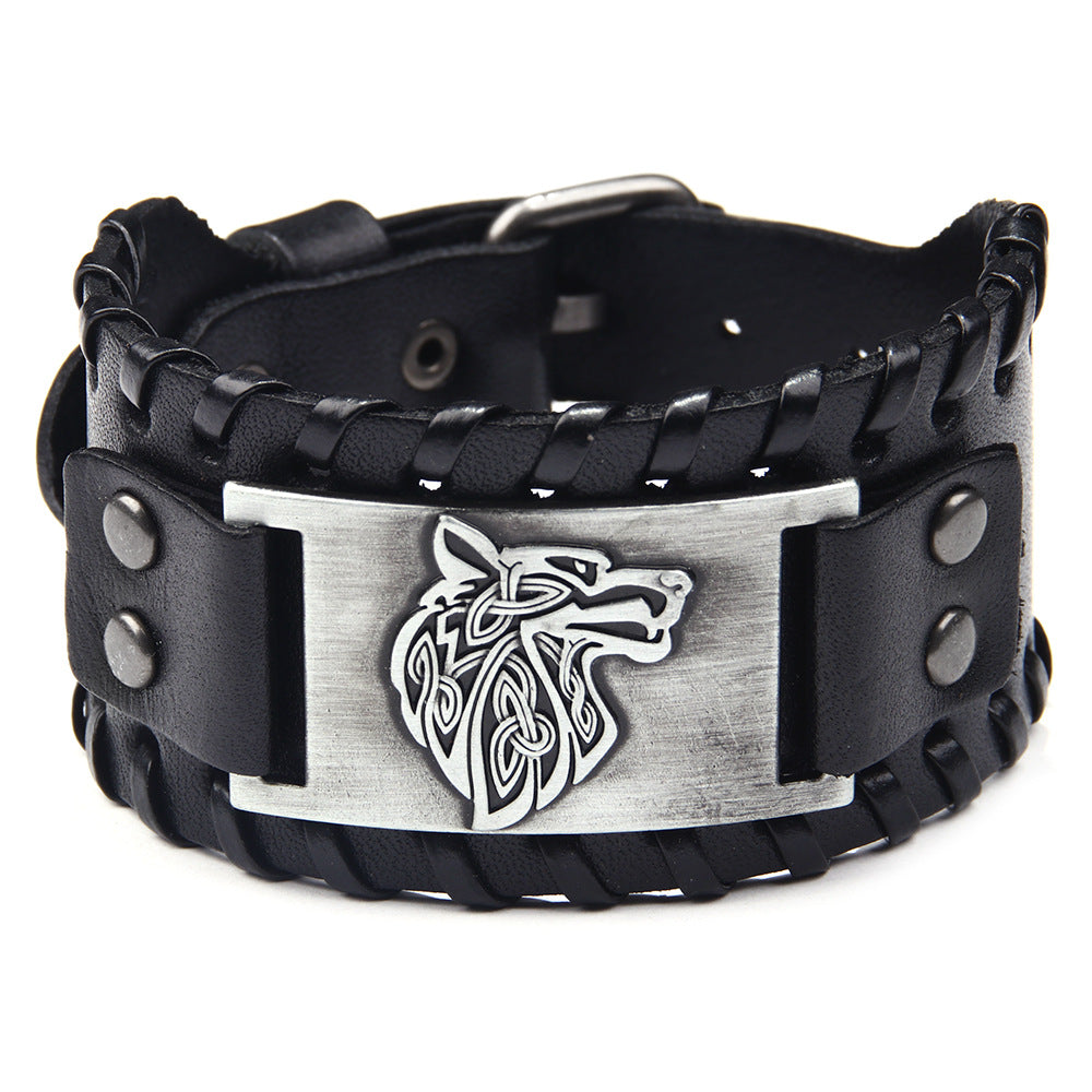 Wholesale Men's Wolf Head Wide Leather Bracelet