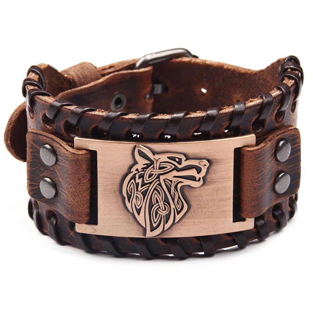 Wholesale Men's Wolf Head Wide Leather Bracelet