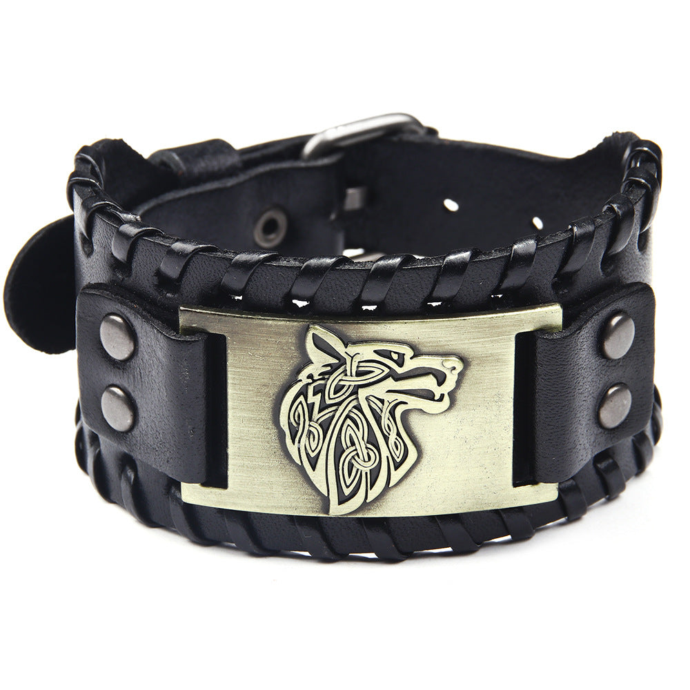 Wholesale Men's Wolf Head Wide Leather Bracelet