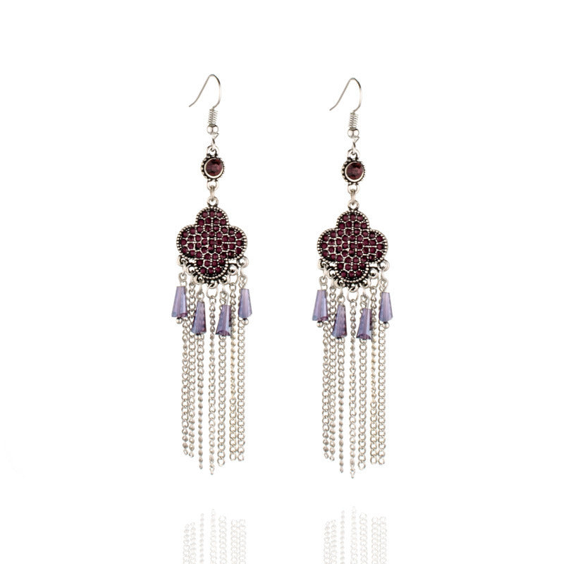 Wholesale Clover Full Diamond Tassel Alloy Earrings