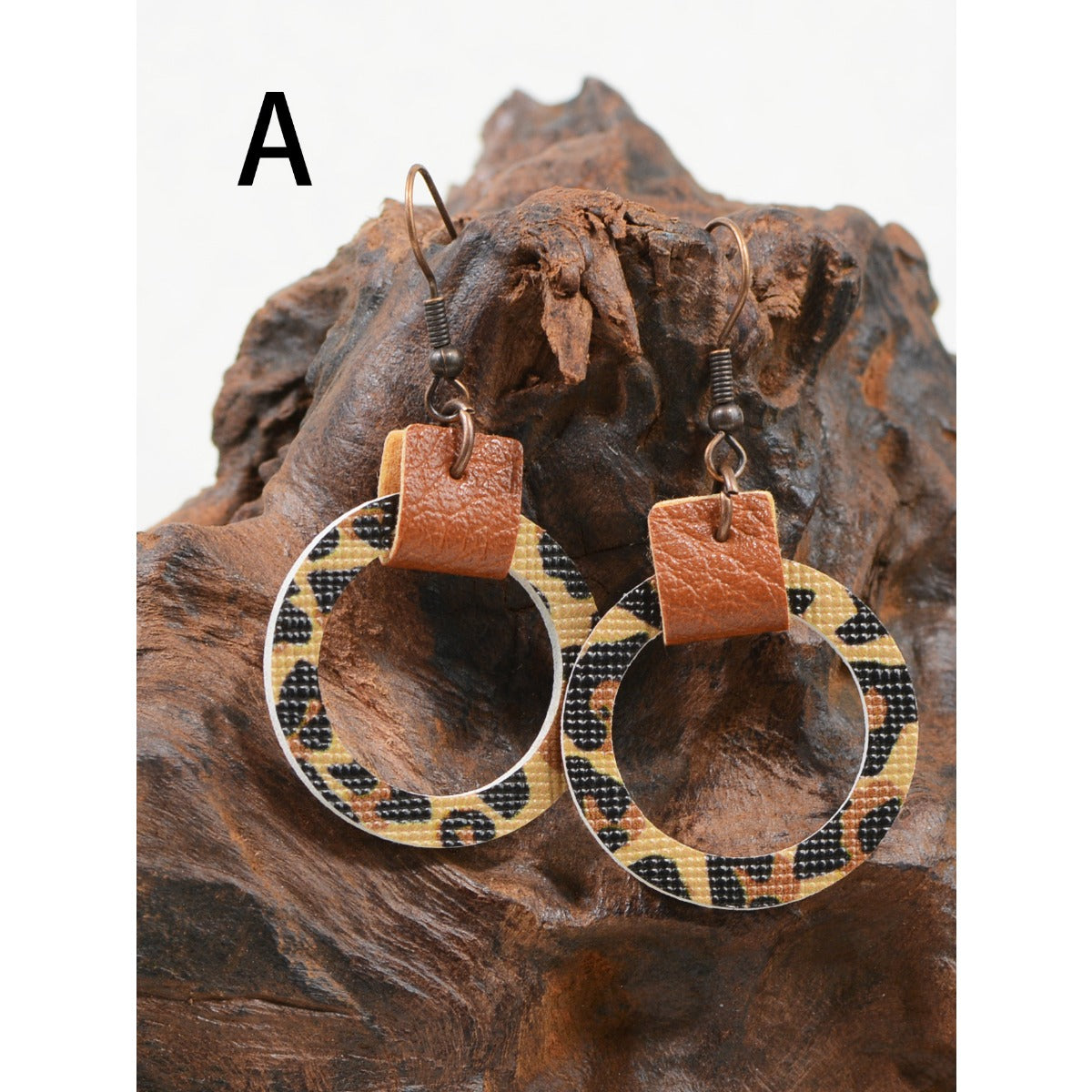 Wholesale Flower Leopard Print Abstract Painting Graffiti Hollow Circular Leather Earrings