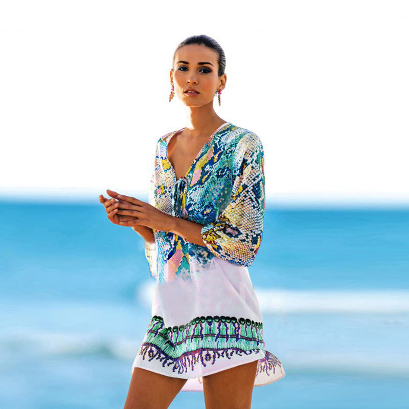Wholesale Snake Print Chiffon Beach Cover Up Polyester Swimwear