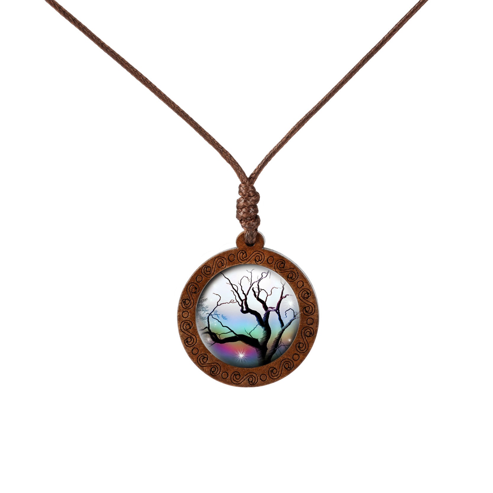Venta al por mayor árbol de madera de la vida tiempo piedra vidrio colgante collar