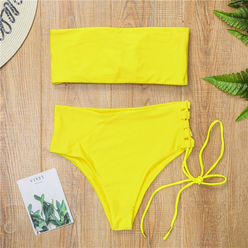 Wholesale Solid Color Wipe High Waist Polyester Swimwear