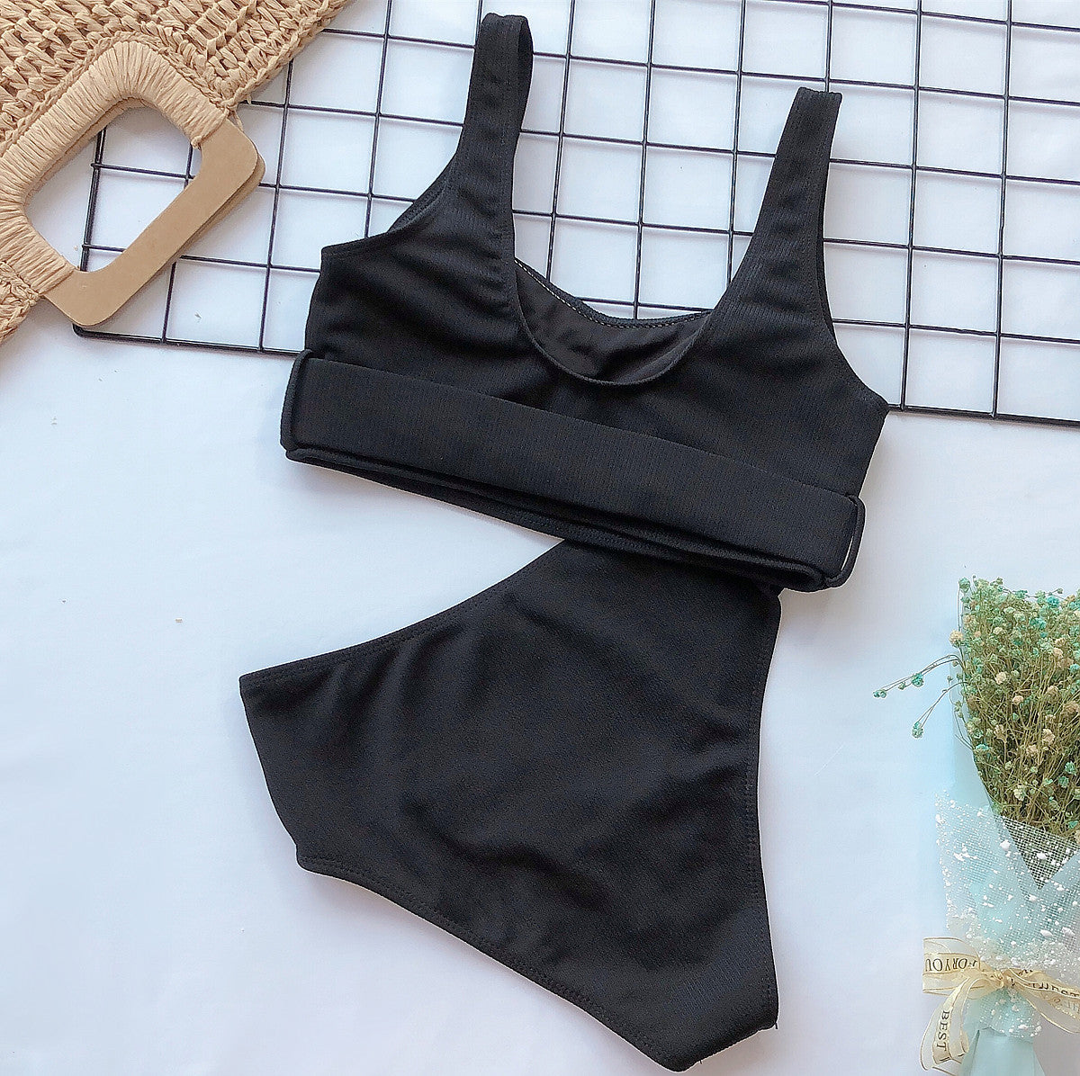 Wholesale High Waist Solid Color Split Buckle Polyester Swimwear