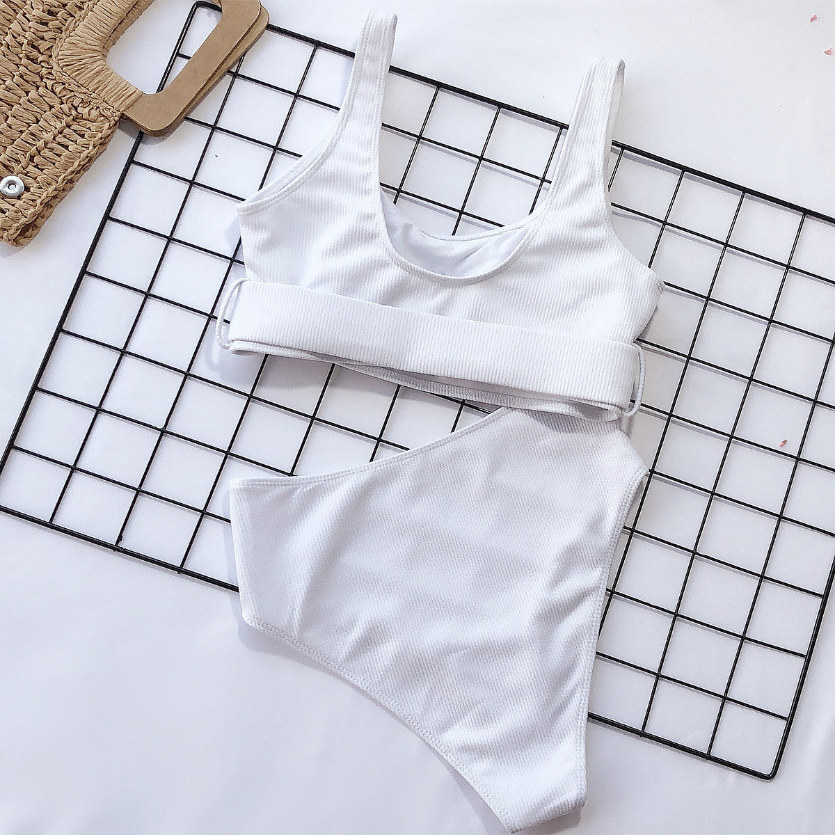 Wholesale High Waist Solid Color Split Buckle Polyester Swimwear