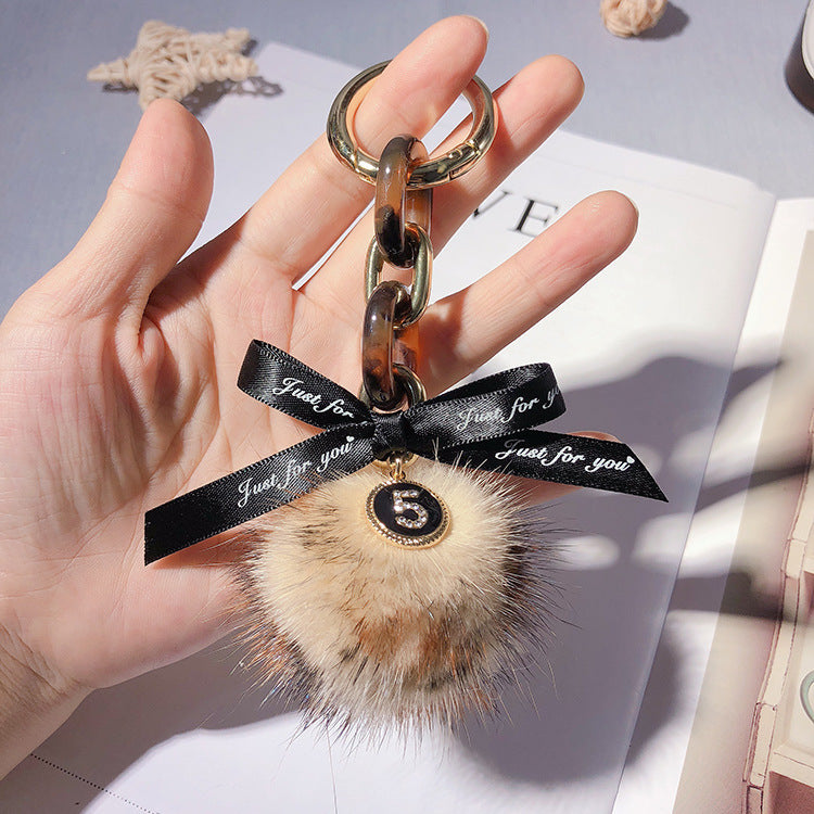 Wholesale Alloy Leopard Print Mink Hair Ball Key Chain