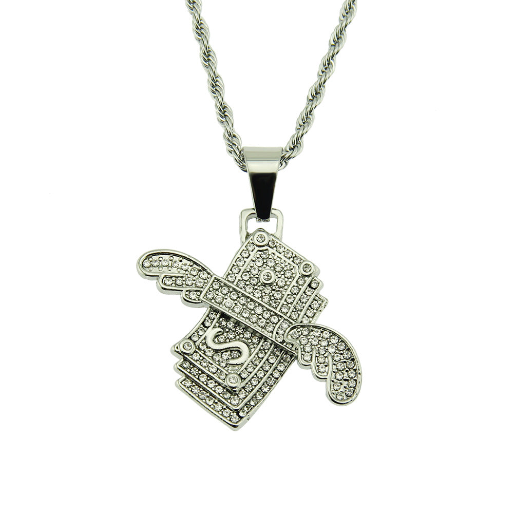 Wholesale Hip Hop Diamond Angel Wings Necklace Alloy