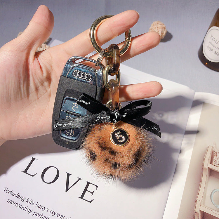 Wholesale Alloy Leopard Print Mink Hair Ball Key Chain