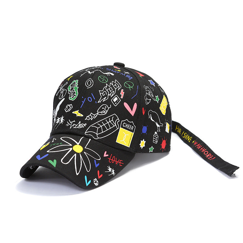 Venta al por mayor Gorra de béisbol con estampado de graffiti de dibujos animados de poliéster