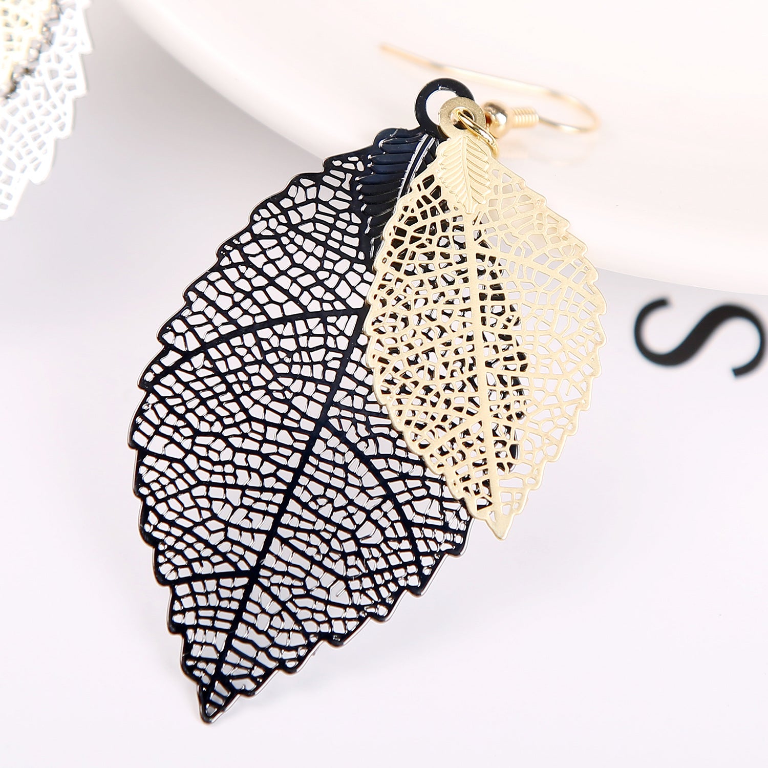 Wholesale Gold Double Hollow Leaf Alloy Earrings