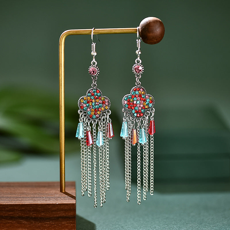 Wholesale Clover Full Diamond Tassel Alloy Earrings