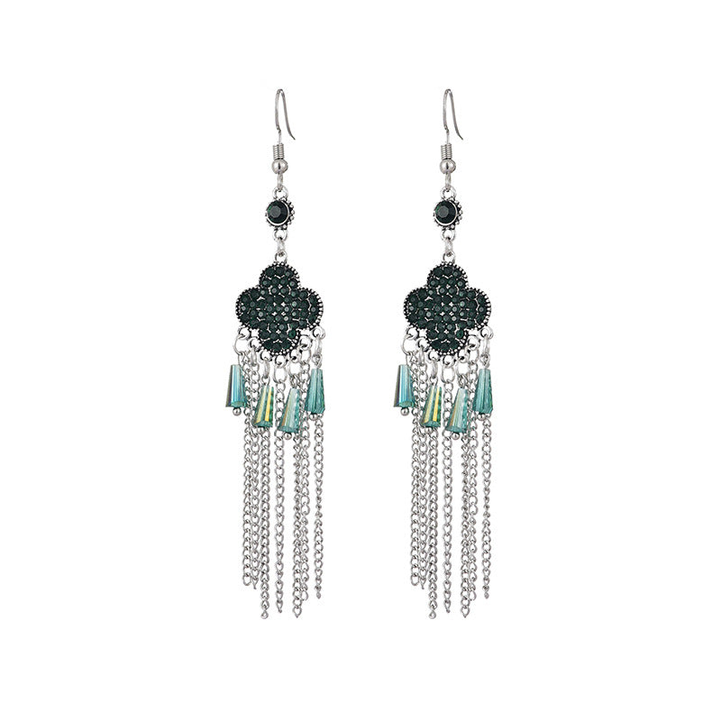 Wholesale Clover Full Diamond Tassel Alloy Earrings