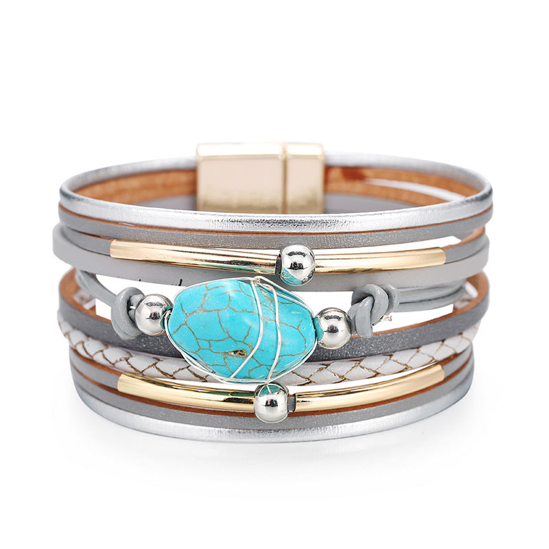 Wholesale Bohemian Multi-layer Leather Turquoise Beads Bracelet