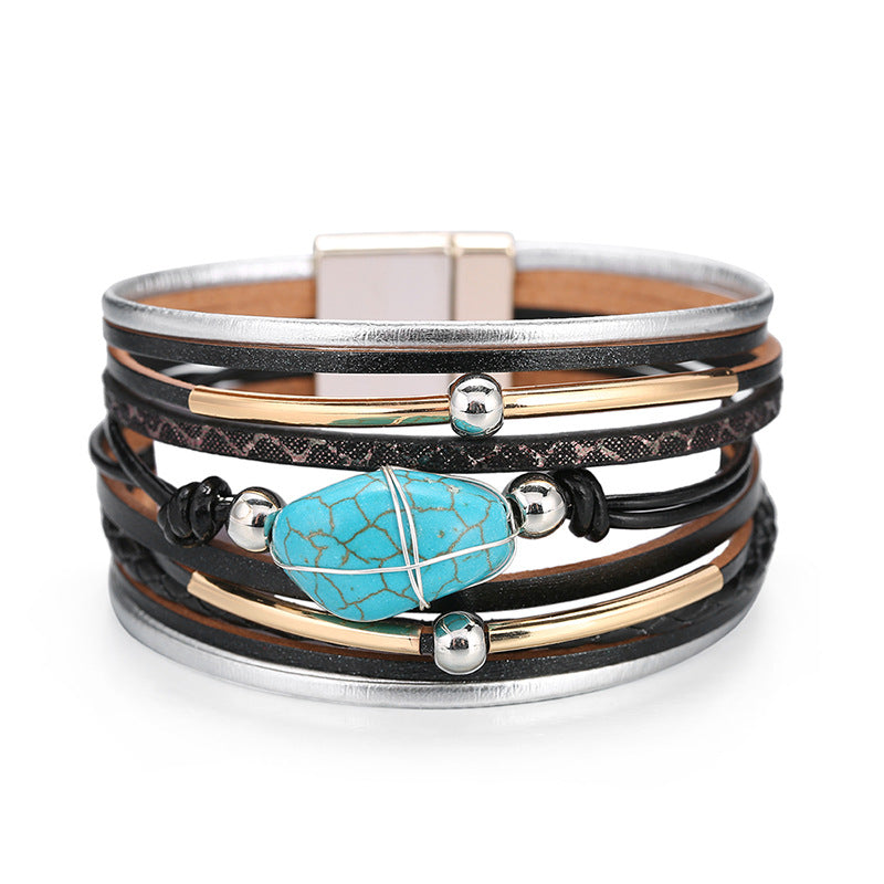 Wholesale Bohemian Multi-layer Leather Turquoise Beads Bracelet