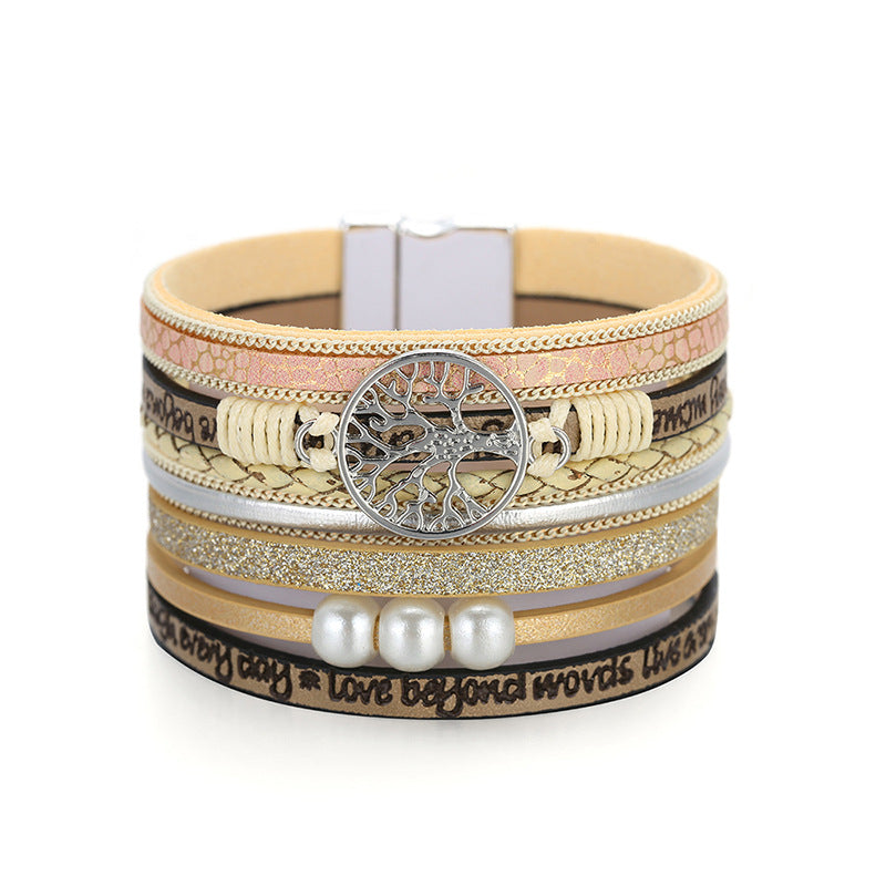 Wholesale Vintage Bohemian Tree of Life Leather Magnetic Buckle Bracelet