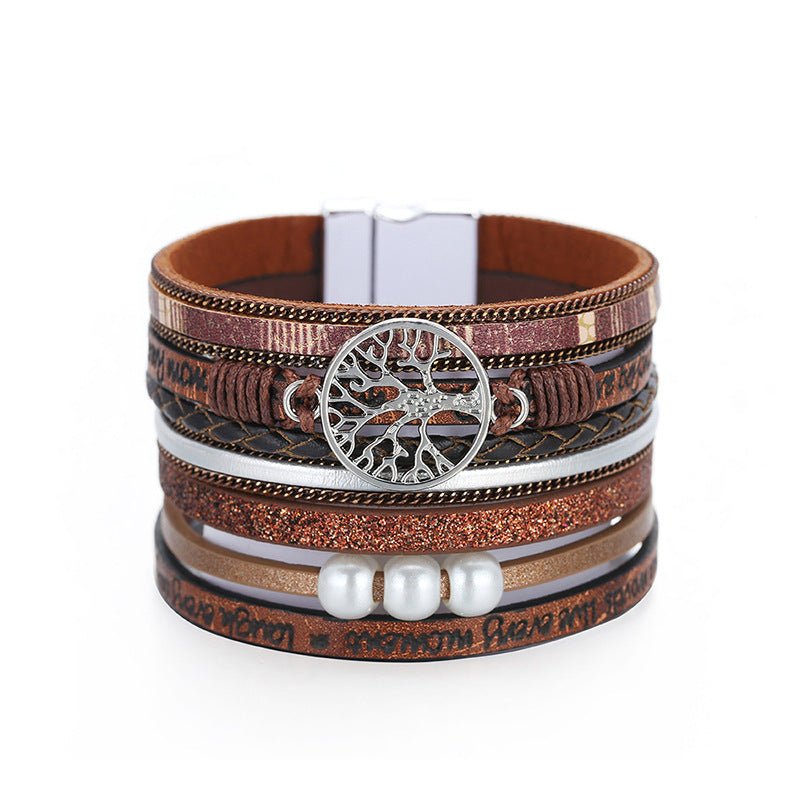Wholesale Vintage Bohemian Tree of Life Leather Magnetic Buckle Bracelet