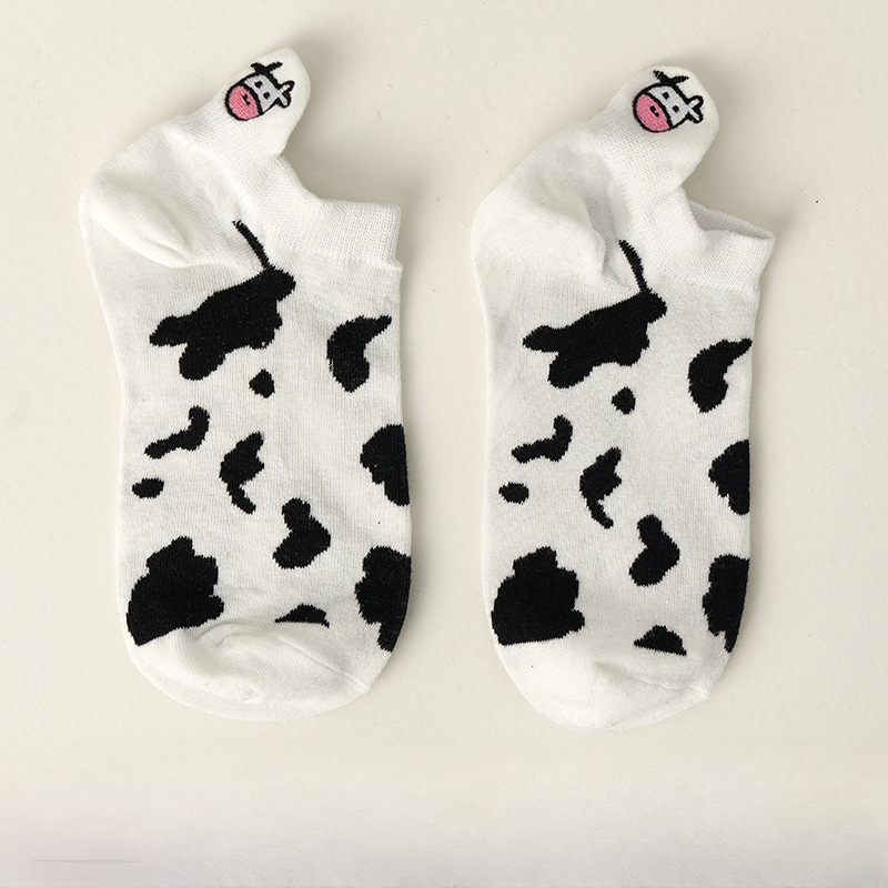 Wholesale Milk Cow Embroidered Striped Cotton Boat Sock