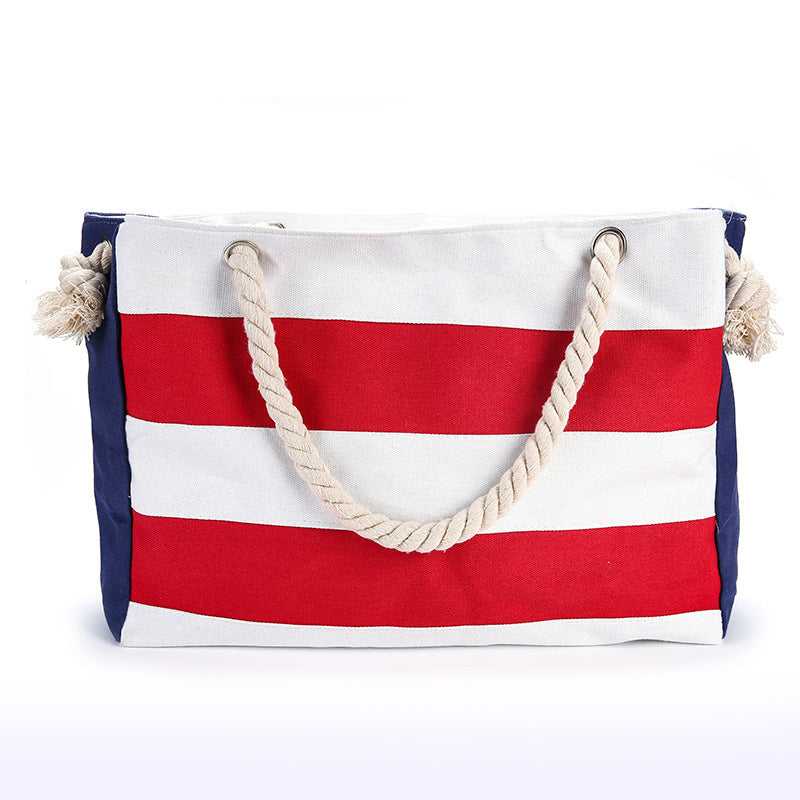 Wholesale Polyester Rope Stripe Color Block Canvas Beach Bag