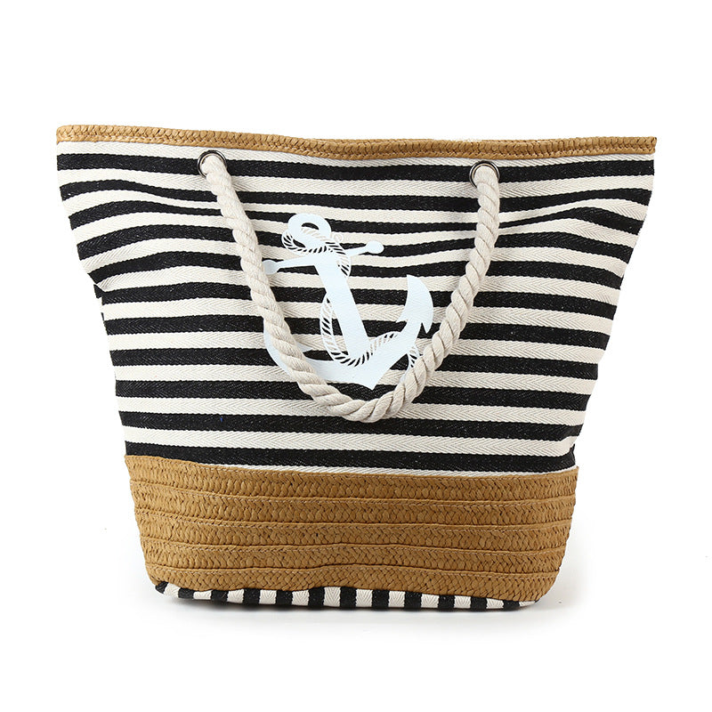Wholesale One Shoulder Canvas Striped Tassel Beach Bag