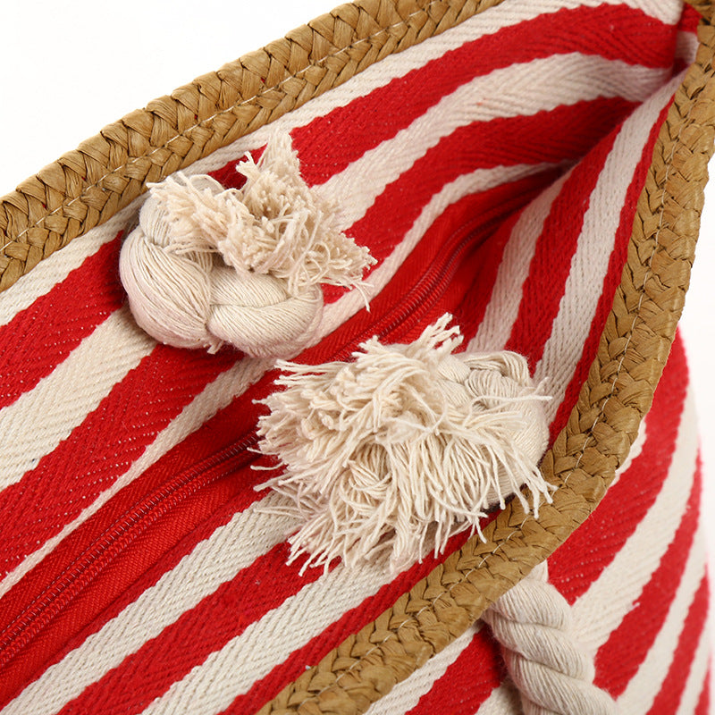 Wholesale One Shoulder Canvas Striped Tassel Beach Bag