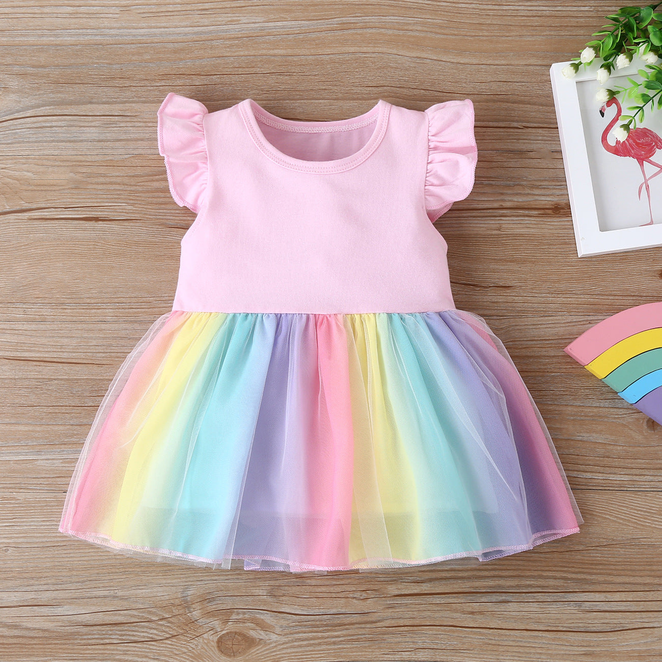 Wholesale Girls Mesh Rainbow Dress Cotton Baby Clothes