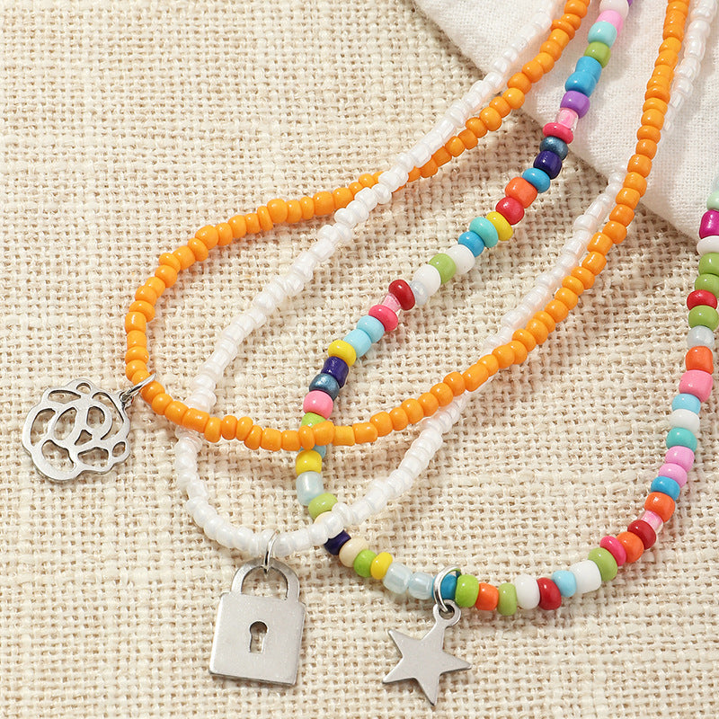 Wholesale Bohemian Colorful Rice Bead Necklace Alloy