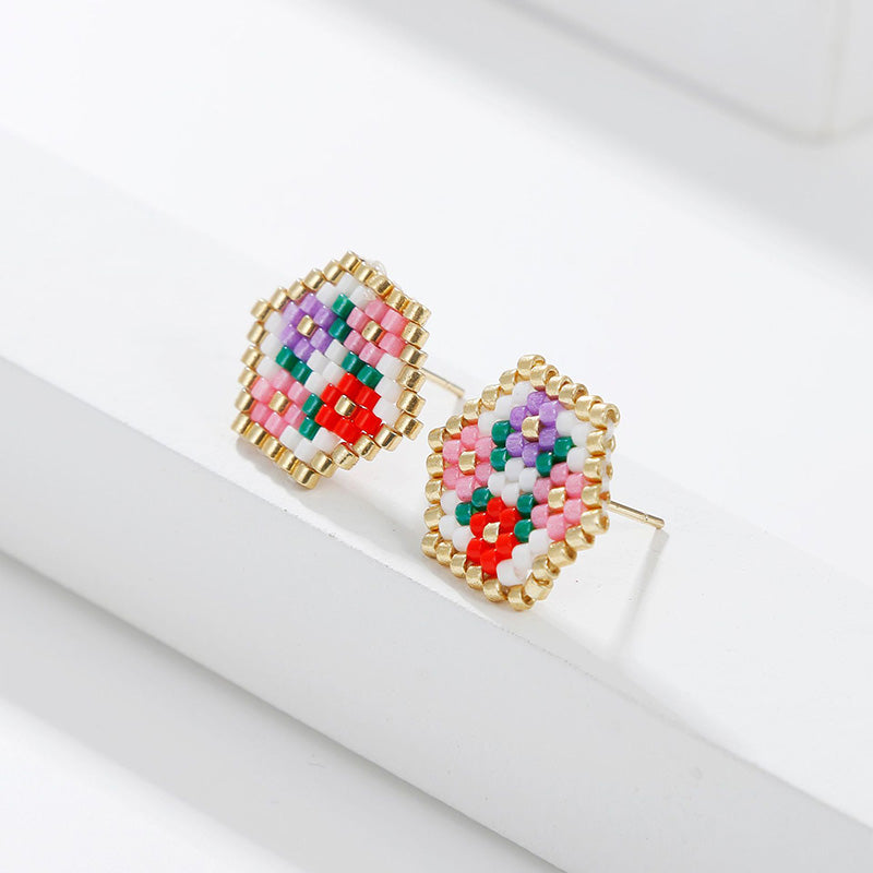 Venta al por mayor Pendientes de cuentas de arroz tejidos a mano florales geométricos boho OLY-ES-LC003