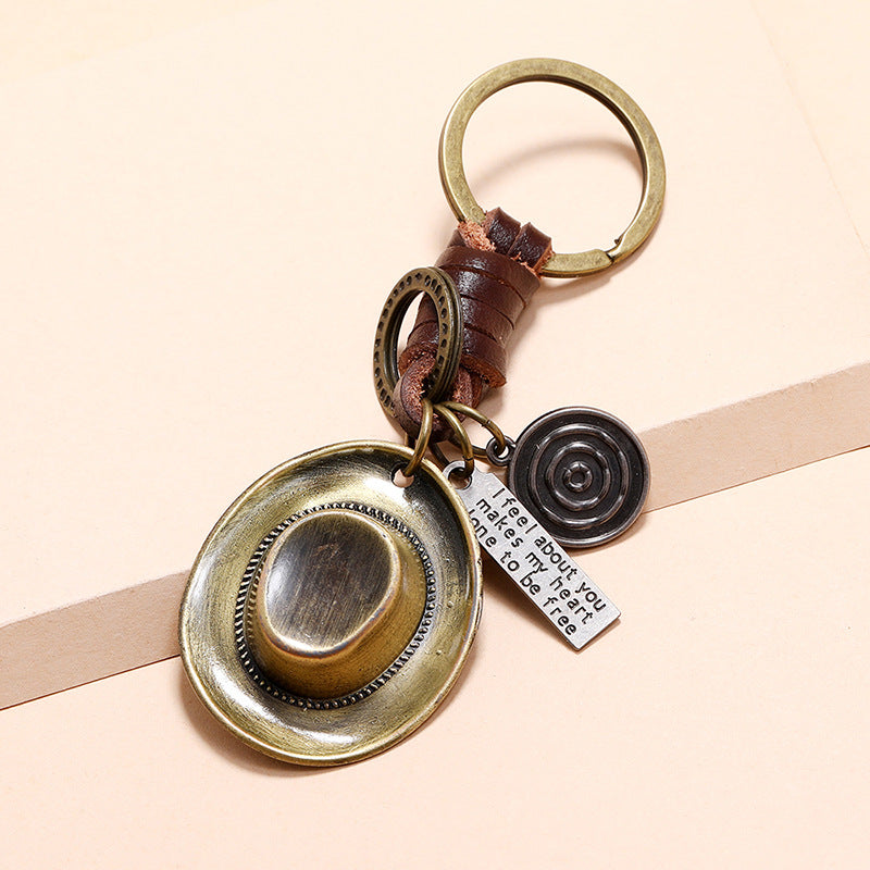 Llavero creativo al por mayor del sombrero de vaquero de la aleación de cuero