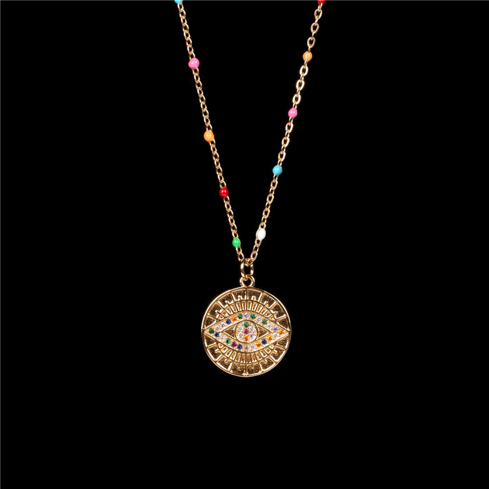 Wholesale Copper Colored Diamond Devil's Eye Round Coin Necklace