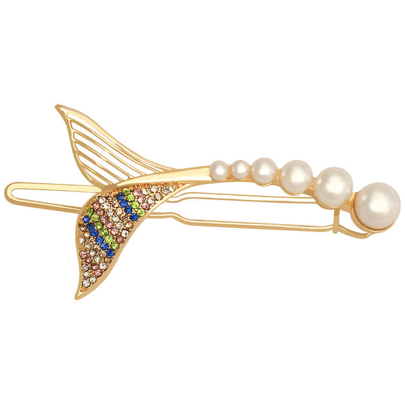 Wholesale Micro-paved Rhinestone Fishtail Colorful Pearl Hair Clip