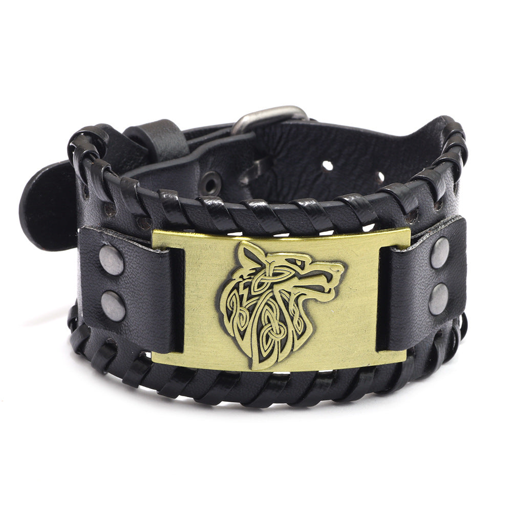 Wholesale Men's Wolf Head Wide Leather Bracelet