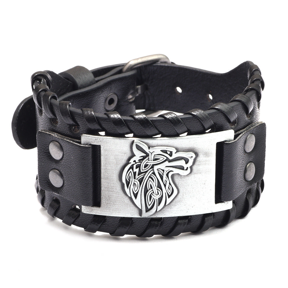 Wholesale Men's Wolf Head Wide Leather Bracelet