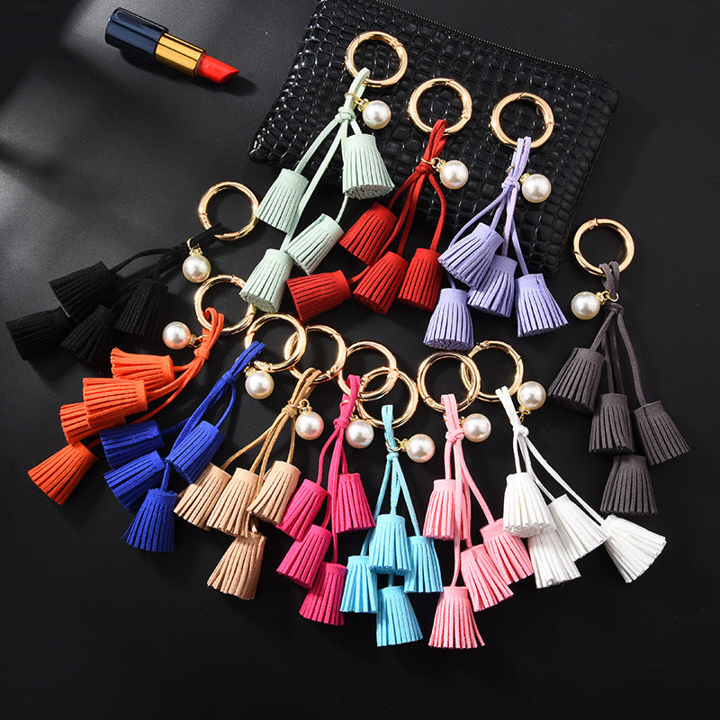 Wholesale Diamond Pearl Leather Tassel Keychain