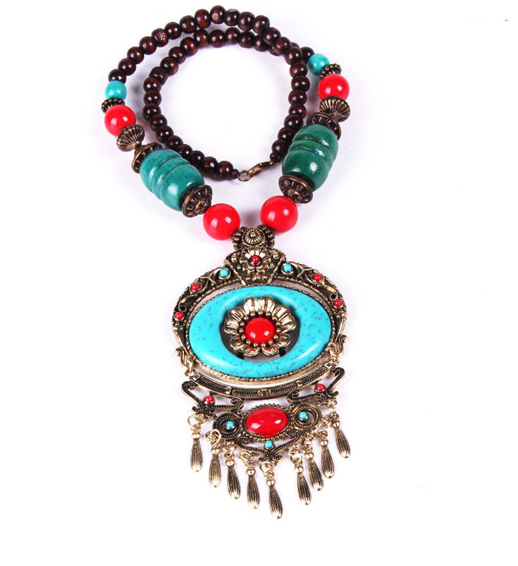 Wholesale Alloy Bohemian Disc Floral Tassel Necklace
