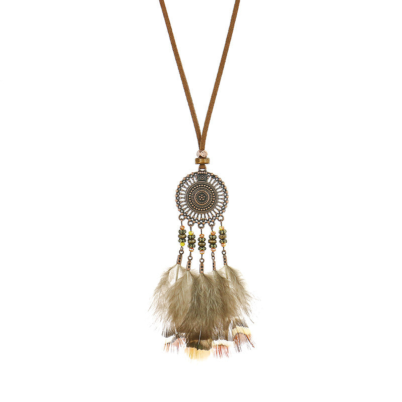 Wholesale Alloy Feather Vintage Hollow Round Pendant Necklace